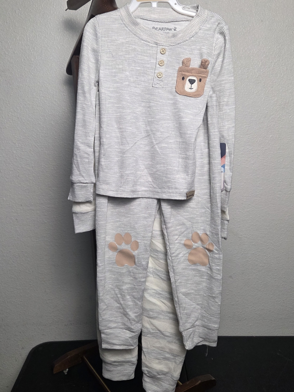BearPaw Light Gray Thermal Kids Pajama Set with Tan Bear Applique